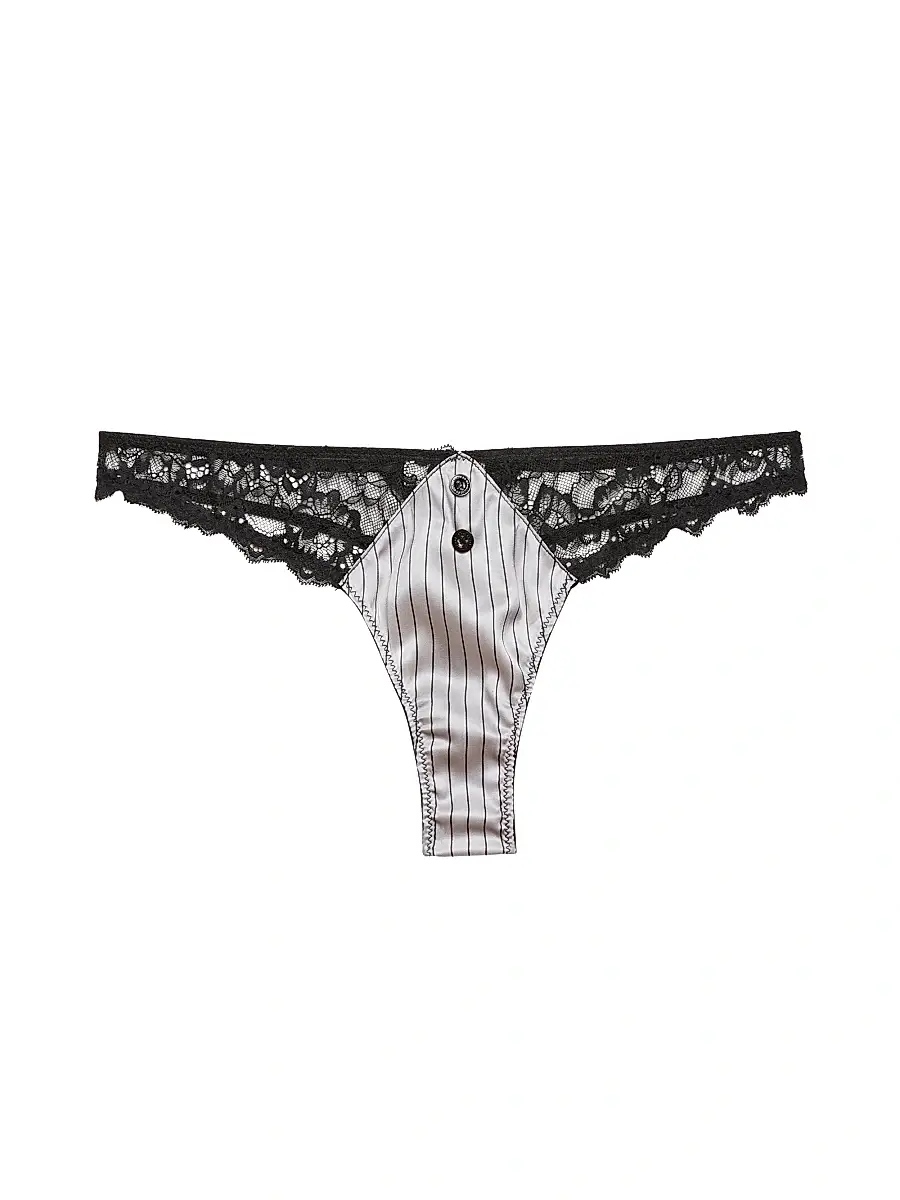 Fleur du Mal Women's Executive Silk & Lace Thong - Ash Pinstripe | Image 1 Fleur du Mal Women's Executive Silk & Lace Thong - Ash Pinstripe | Image 1
