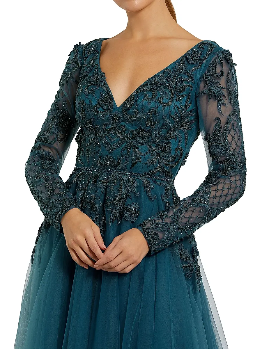 Mac Duggal Women's Embellished Tulle A-Line Gown - Teal | Thumbnail 3