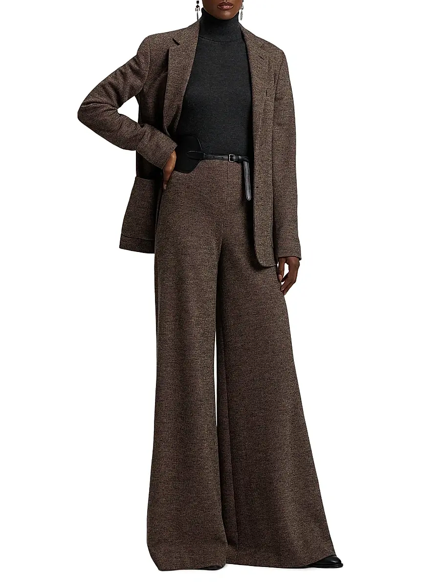 Ralph Lauren Collection Women's Isaiah Tick-Weave Wool Wide-Leg Pants - Dark Brown Camel | Thumbnail 2 Ralph Lauren Collection Women's Isaiah Tick-Weave Wool Wide-Leg Pants - Dark Brown Camel | Thumbnail 2
