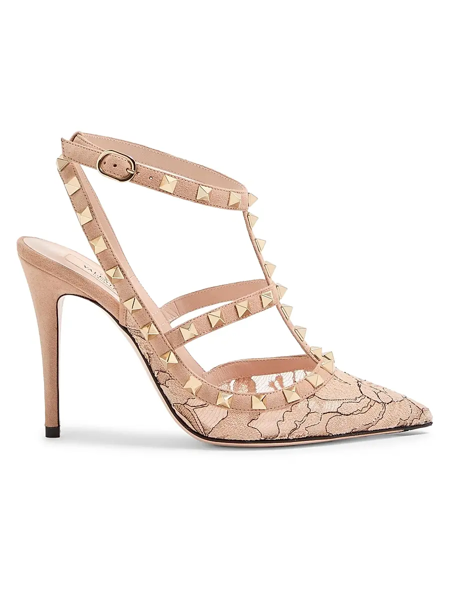 Valentino Garavani Women's Rockstud 100MM Lace Pumps with Straps - Beige | Image 1 Valentino Garavani Women's Rockstud 100MM Lace Pumps with Straps - Beige | Image 1