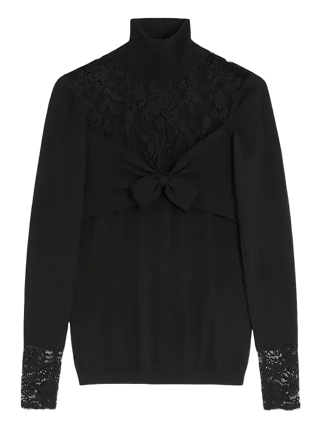 Women's Wool Sweater with Lace - Black Women's Wool Sweater with Lace - Black