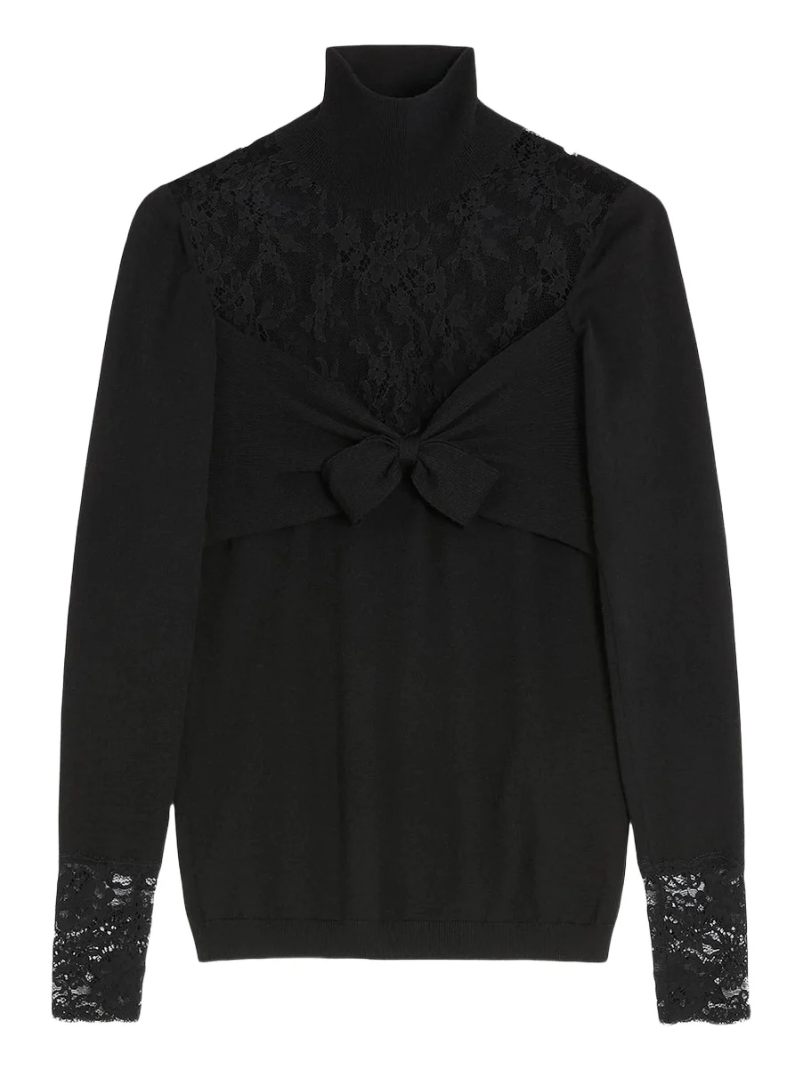 Women's Wool Sweater with Lace - Black Women's Wool Sweater with Lace - Black