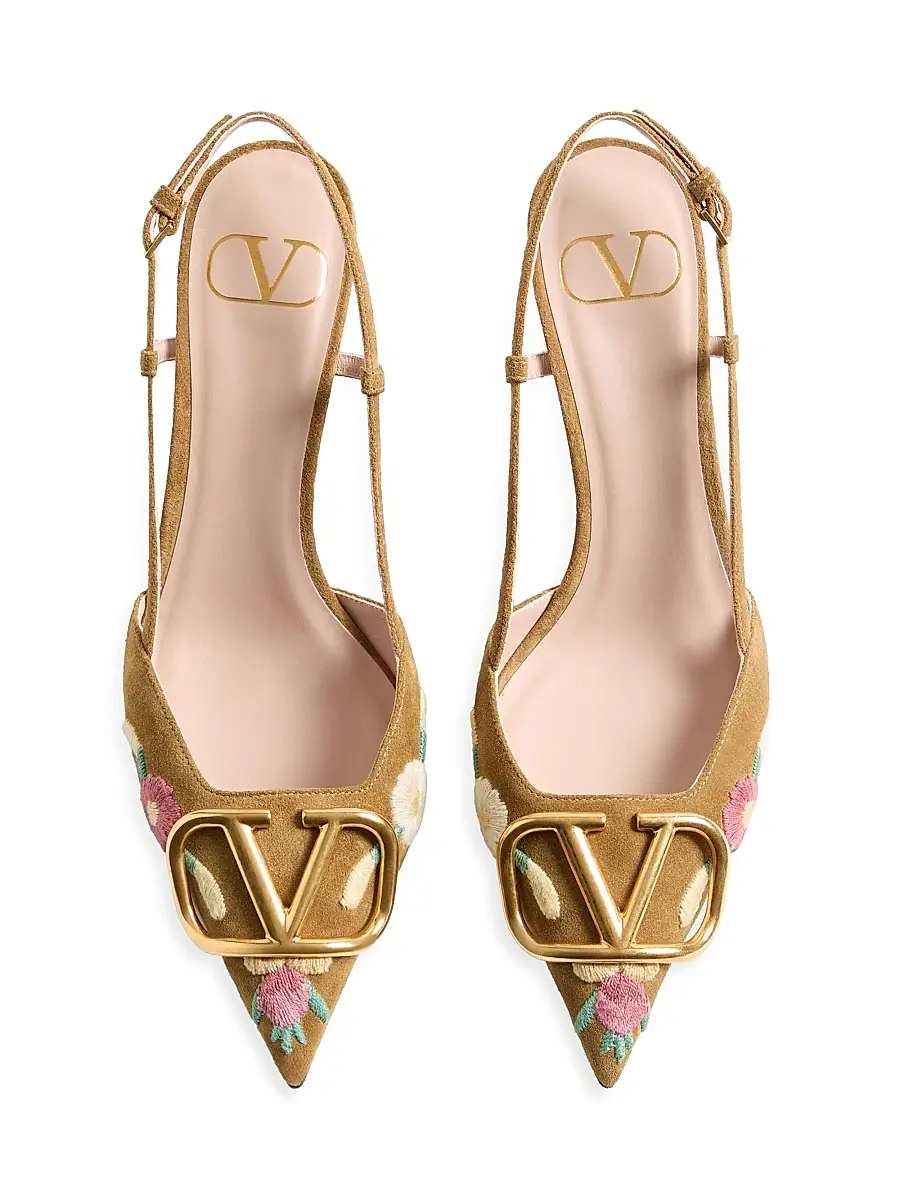 Valentino Garavani Women's VLogo Signature 80MM Slingback Pumps in Crust Leather - Havana Beige | Thumbnail 4 Valentino Garavani Women's VLogo Signature 80MM Slingback Pumps in Crust Leather - Havana Beige | Thumbnail 4