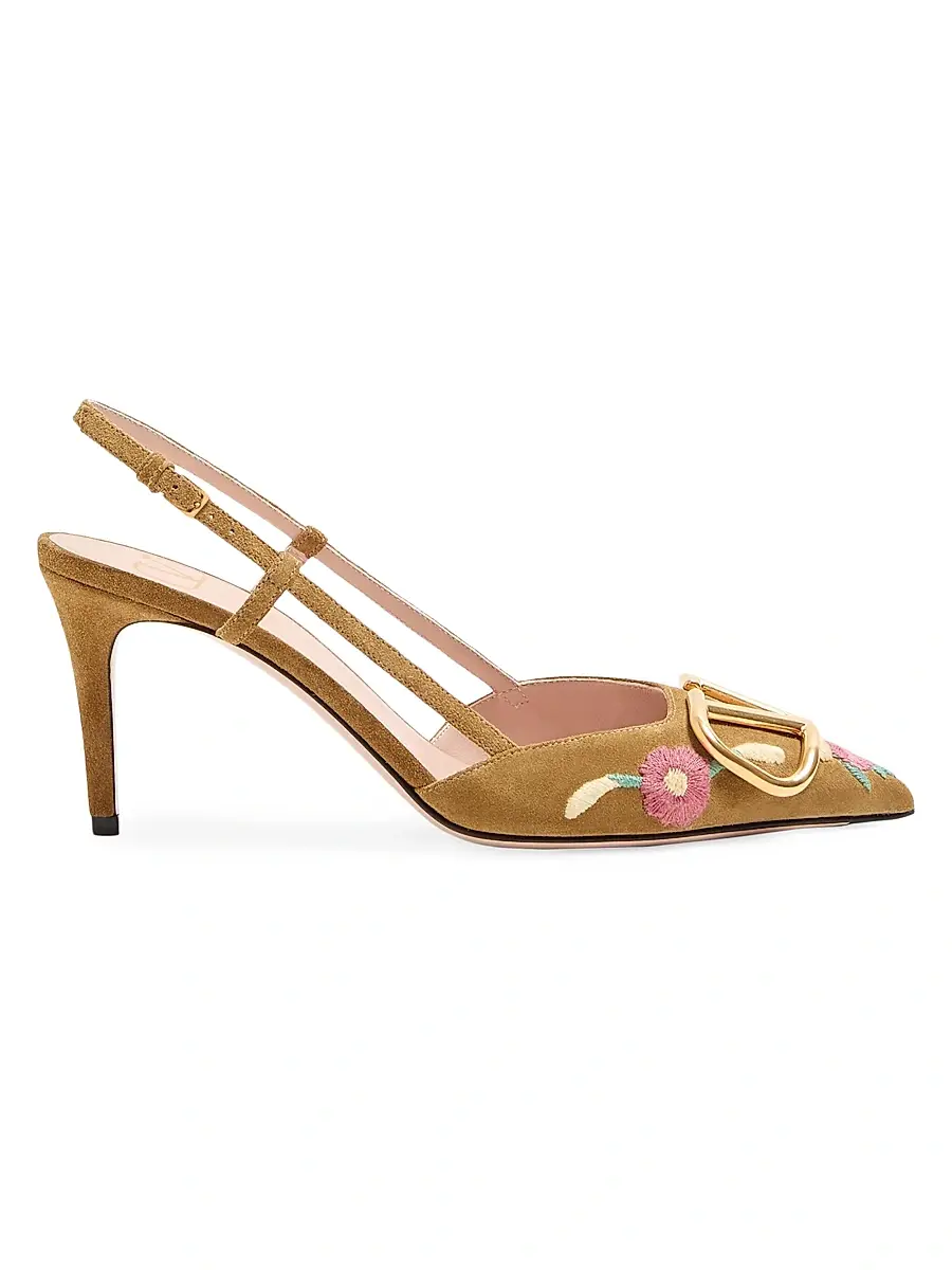 Valentino Garavani Women's VLogo Signature 80MM Slingback Pumps in Crust Leather - Havana Beige | Image 1 Valentino Garavani Women's VLogo Signature 80MM Slingback Pumps in Crust Leather - Havana Beige | Image 1