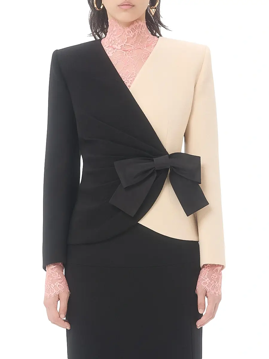 Valentino Women's Wool Crepe Jacket with Contrasting Bow - Black Birch | Thumbnail 2