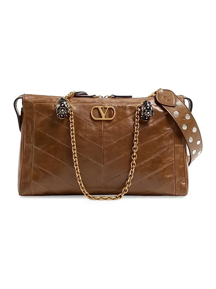 Women's Panthea Shoulder Bag in Nappa Leather with Chevron Pattern - Tundra