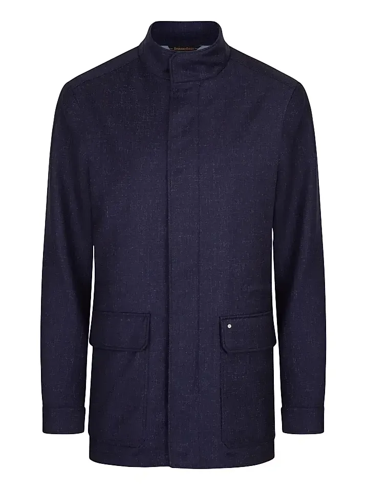 Men's Field Jacket in Fine Wool and Silk Blend - Saphire Blue Men's Field Jacket in Fine Wool and Silk Blend - Saphire Blue