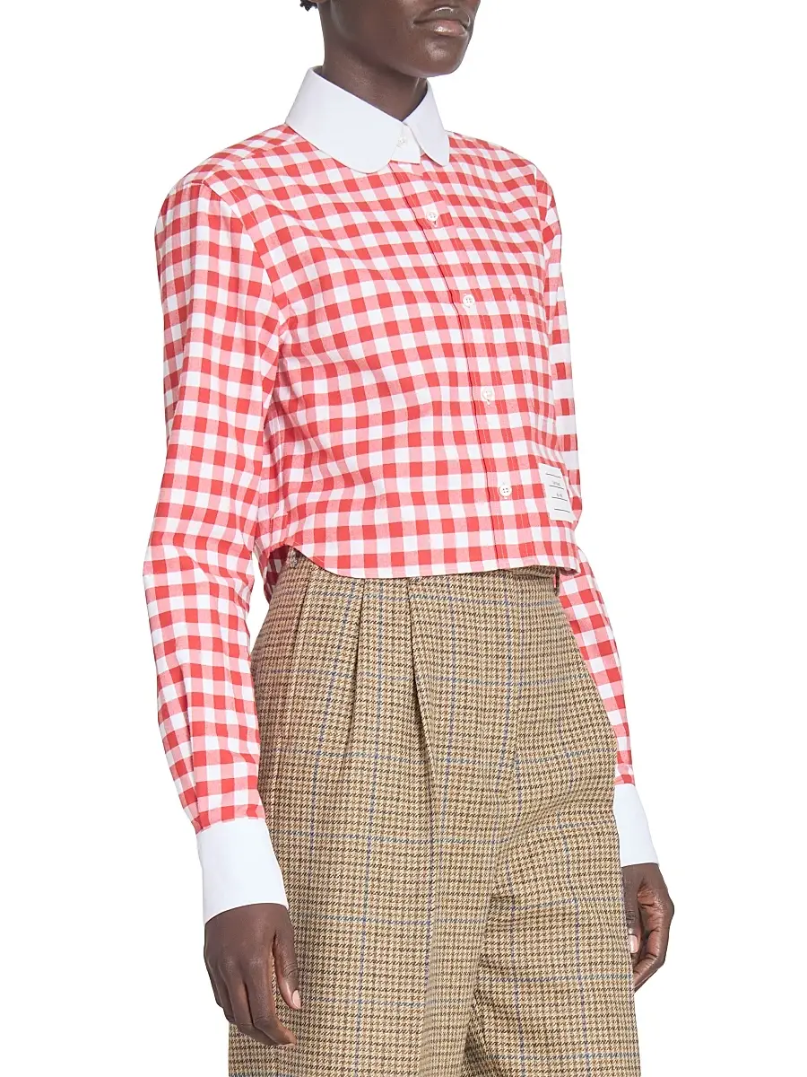 Thom Browne Women's Gingham Checked Cotton Crop Shirt - Red | Thumbnail 4 Thom Browne Women's Gingham Checked Cotton Crop Shirt - Red | Thumbnail 4