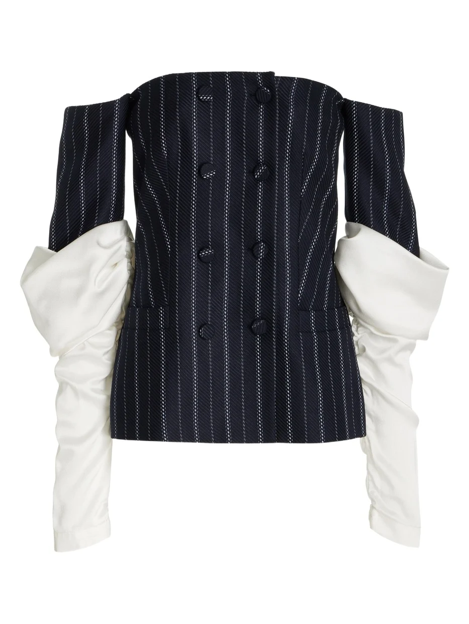 Hellessy Pelicano Pinstriped Ruched Off-The-Shoulder Jacket