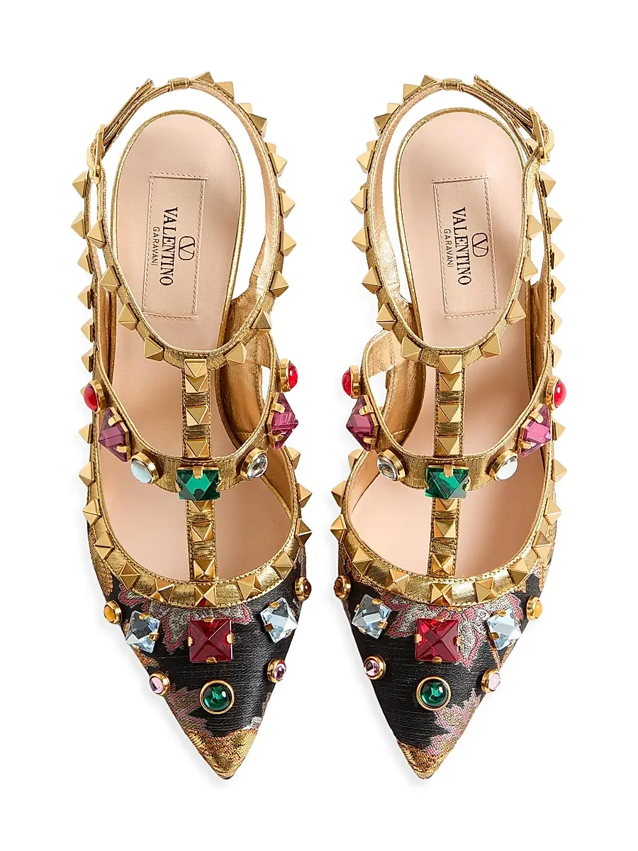Valentino Garavani Women's Rockstud 100MM Pumps with Straps in Jacquard Apres L'hiver Fabric - Gold | Thumbnail 3 Valentino Garavani Women's Rockstud 100MM Pumps with Straps in Jacquard Apres L'hiver Fabric - Gold | Thumbnail 3