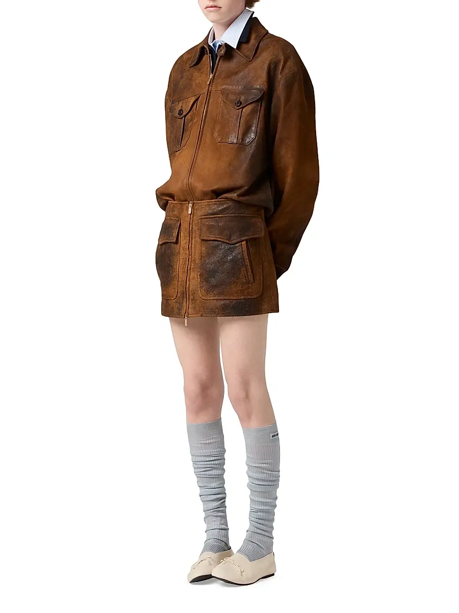 Miu Miu Women's Waxed Suede Leather Mini-Skirt - Brown | Thumbnail 6