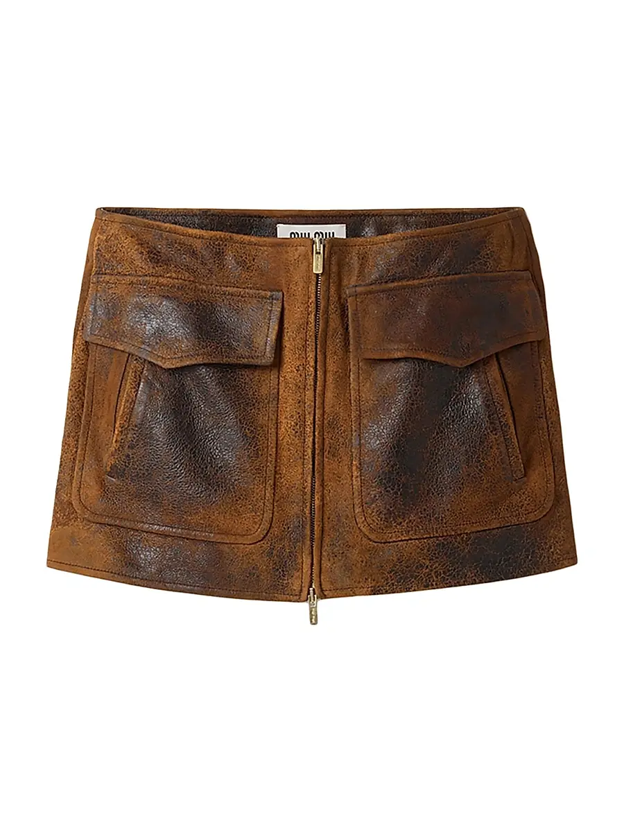 Women's Waxed Suede Leather Mini-Skirt - Brown Women's Waxed Suede Leather Mini-Skirt - Brown