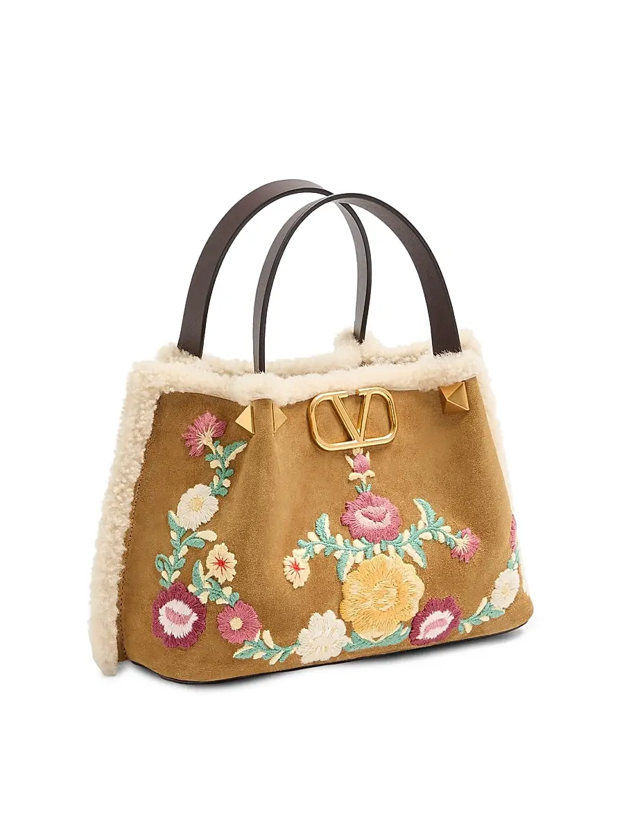 Valentino Garavani Women's Top Handle Bag in Embroidered Suede with Sheepskin Lining - Havana Beige | Thumbnail 2