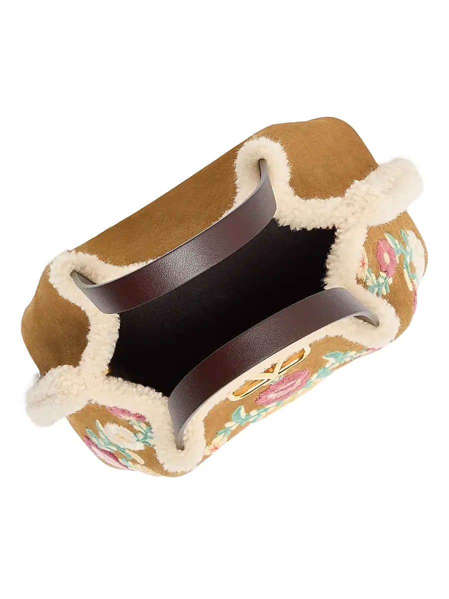 Valentino Garavani Women's Top Handle Bag in Embroidered Suede with Sheepskin Lining - Havana Beige | Thumbnail 3