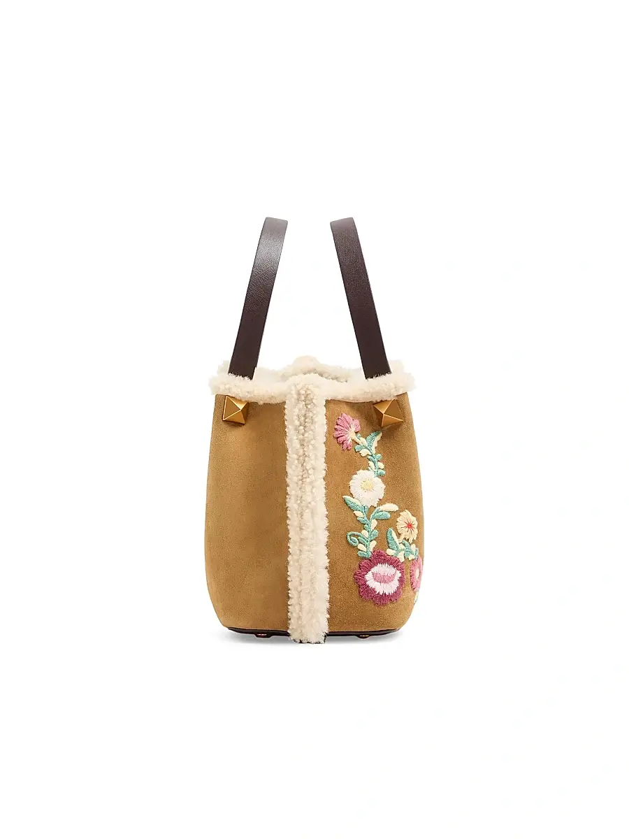 Valentino Garavani Women's Top Handle Bag in Embroidered Suede with Sheepskin Lining - Havana Beige | Thumbnail 4