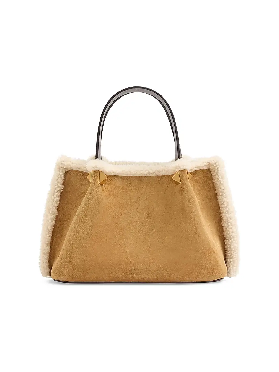 Valentino Garavani Women's Top Handle Bag in Embroidered Suede with Sheepskin Lining - Havana Beige | Thumbnail 5