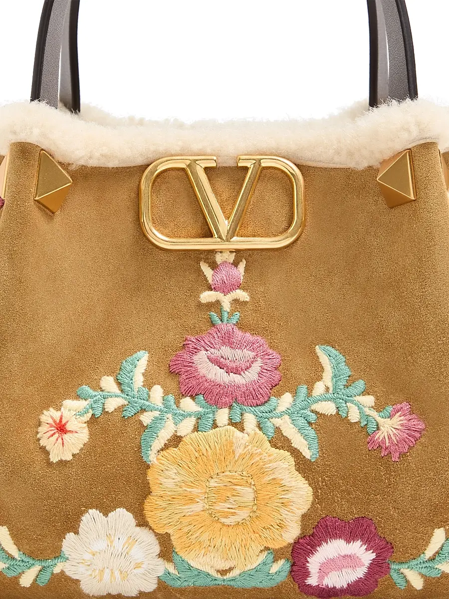 Valentino Garavani Women's Top Handle Bag in Embroidered Suede with Sheepskin Lining - Havana Beige | Thumbnail 6