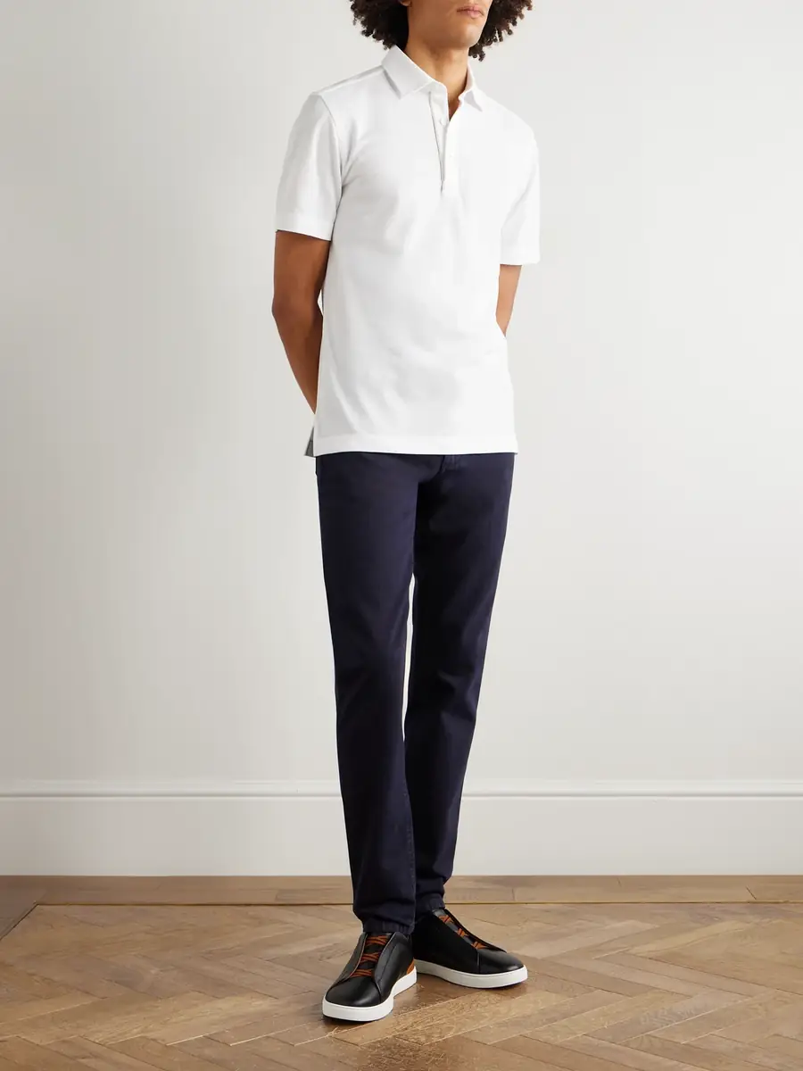 Zegna Leather-Trimmed Cotton-Piqué Polo Shirt - Men | Thumbnail 2
