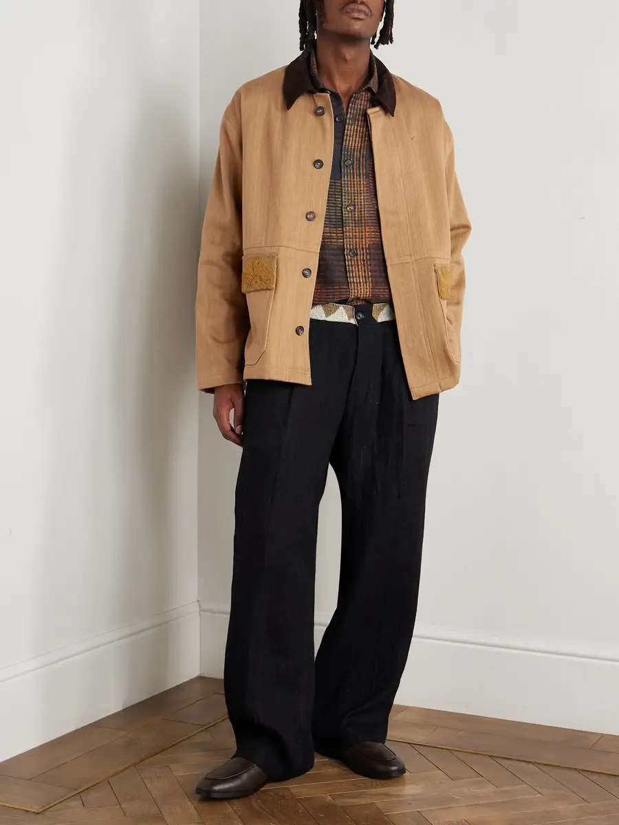 Kartik Research Jodhpur Suede-Trimmed Embroidered Herringbone Cotton Jacket - Men | Thumbnail 2 Kartik Research Jodhpur Suede-Trimmed Embroidered Herringbone Cotton Jacket - Men | Thumbnail 2