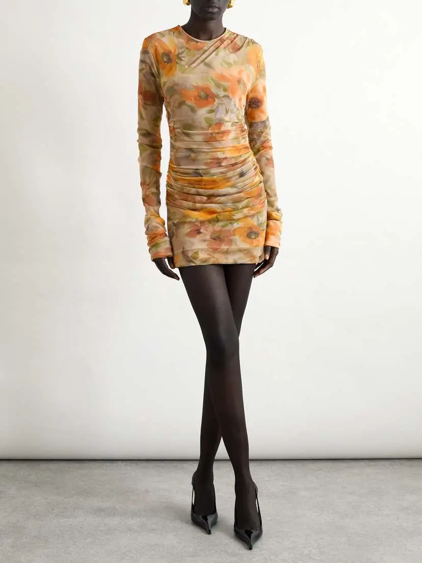 Saint Laurent Ruched Floral-print Tulle Mini Dress | Thumbnail 2 Saint Laurent Ruched Floral-print Tulle Mini Dress | Thumbnail 2