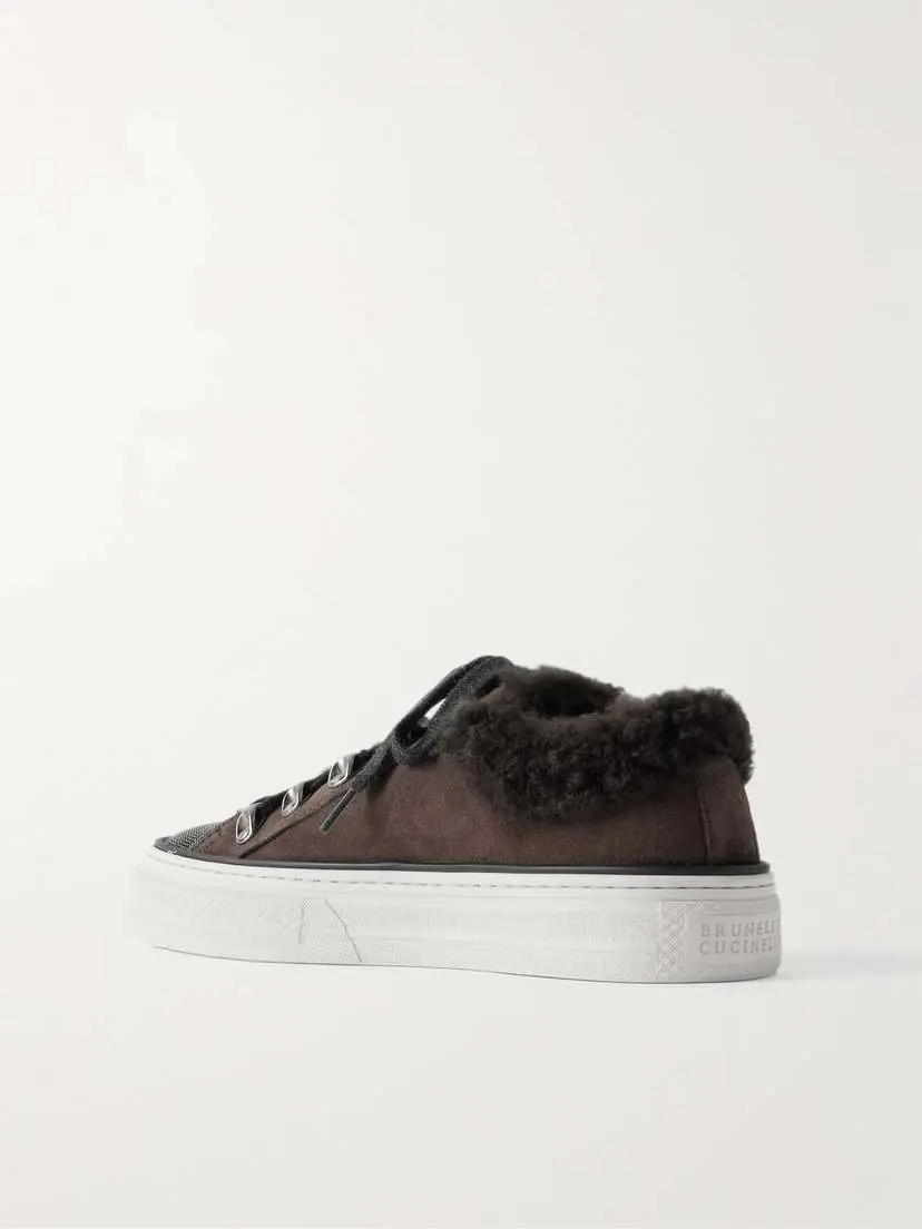 Brunello Cucinelli Bead-embellished Shearling-lined Suede Sneakers | Thumbnail 3 Brunello Cucinelli Bead-embellished Shearling-lined Suede Sneakers | Thumbnail 3