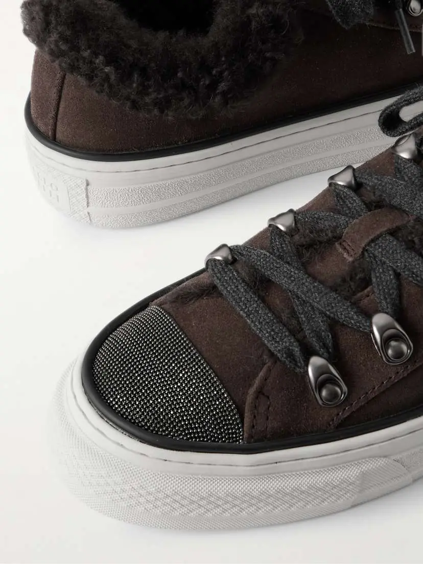 Brunello Cucinelli Bead-embellished Shearling-lined Suede Sneakers | Thumbnail 4 Brunello Cucinelli Bead-embellished Shearling-lined Suede Sneakers | Thumbnail 4