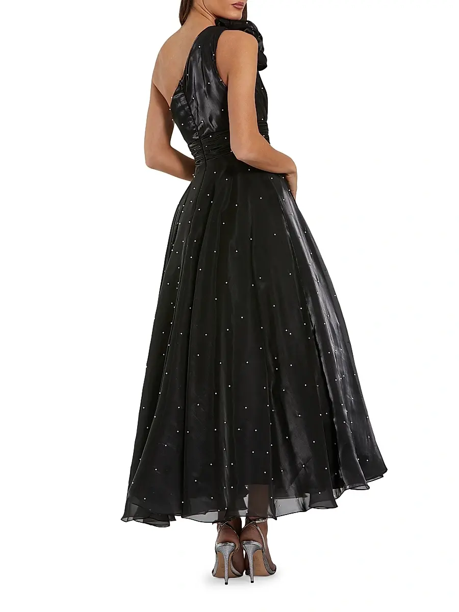 Mac Duggal Women's Pearl Beaded Organza One-Shoulder Tea-Length Dress | Thumbnail 2 Mac Duggal Women's Pearl Beaded Organza One-Shoulder Tea-Length Dress | Thumbnail 2