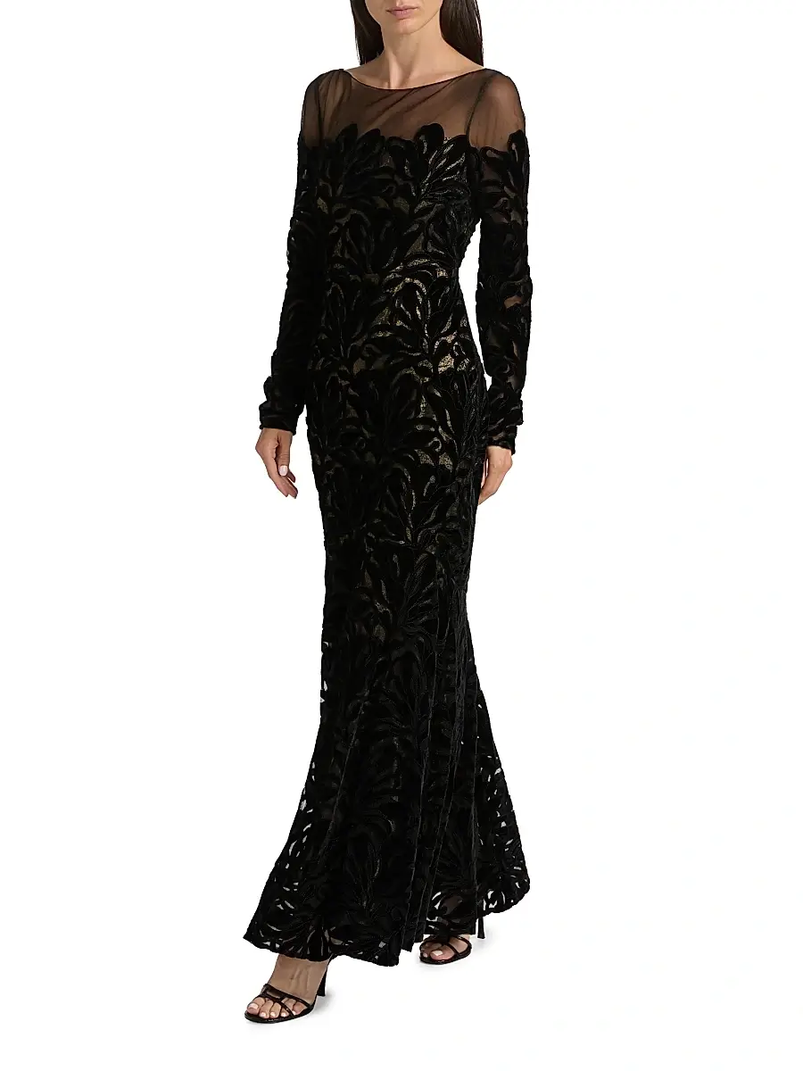 THEIA Women's Velvet Lace Fit & Flare Gown - Black Gold | Thumbnail 2