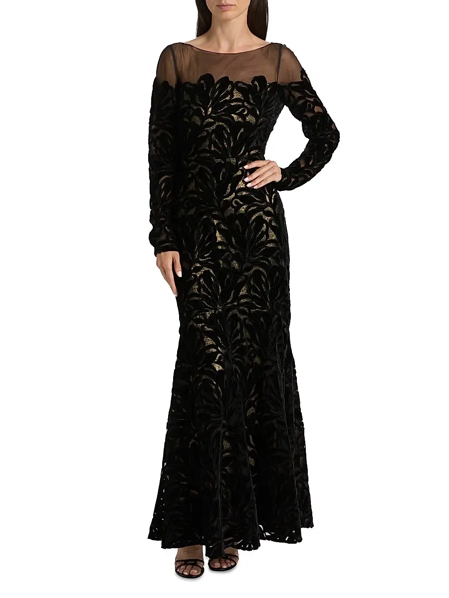 THEIA Women's Velvet Lace Fit & Flare Gown - Black Gold | Thumbnail 3