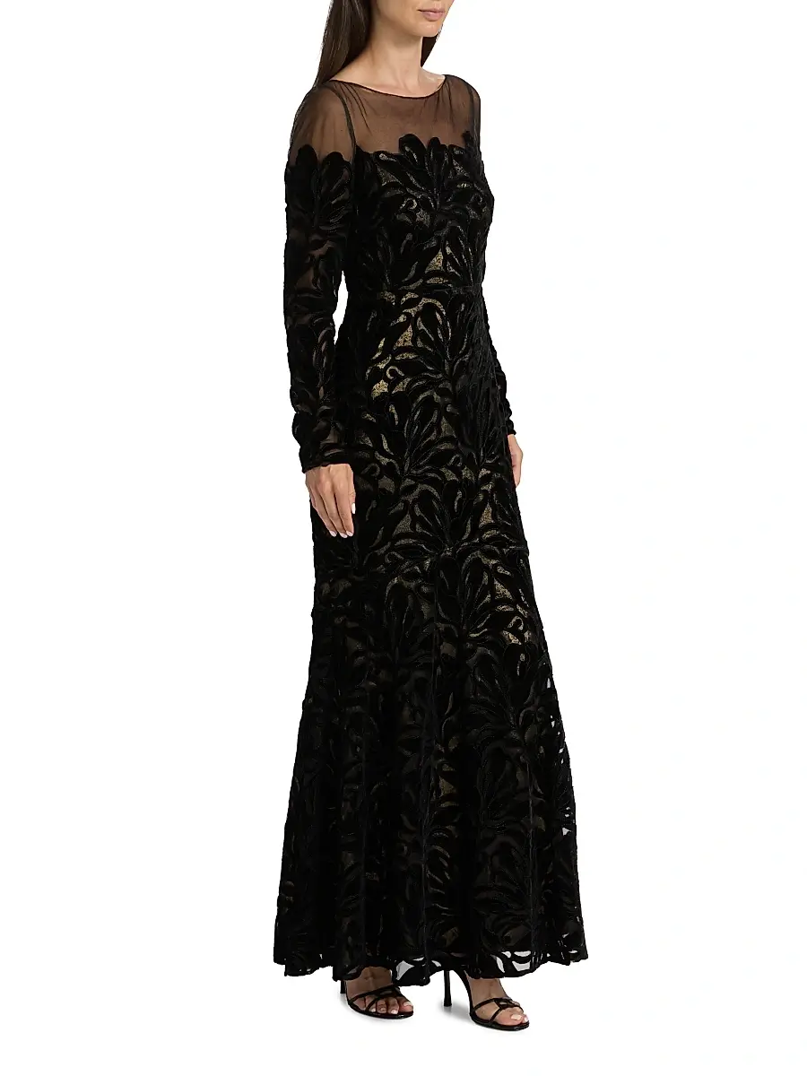 THEIA Women's Velvet Lace Fit & Flare Gown - Black Gold | Thumbnail 4