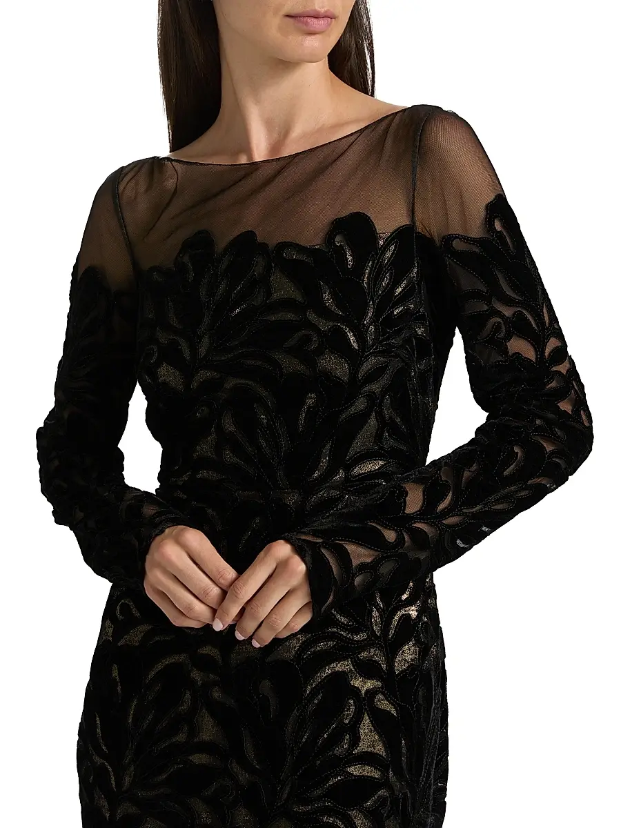 THEIA Women's Velvet Lace Fit & Flare Gown - Black Gold | Thumbnail 6