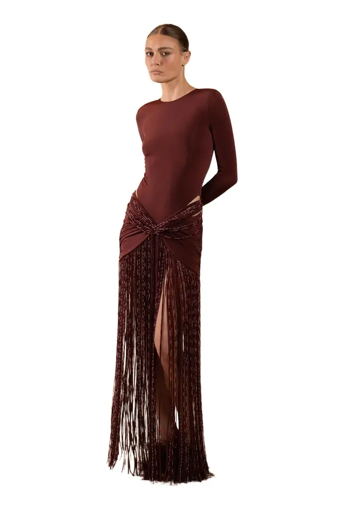 TAFFETA TARSILA FRINGE MAXI DRESS (RUNWAY) TAFFETA TARSILA FRINGE MAXI DRESS (RUNWAY)