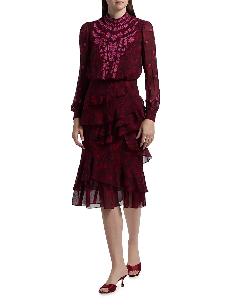 Saloni Women's Isa Ruffle Embroidered Midi-Dress | Thumbnail 2 Saloni Women's Isa Ruffle Embroidered Midi-Dress | Thumbnail 2