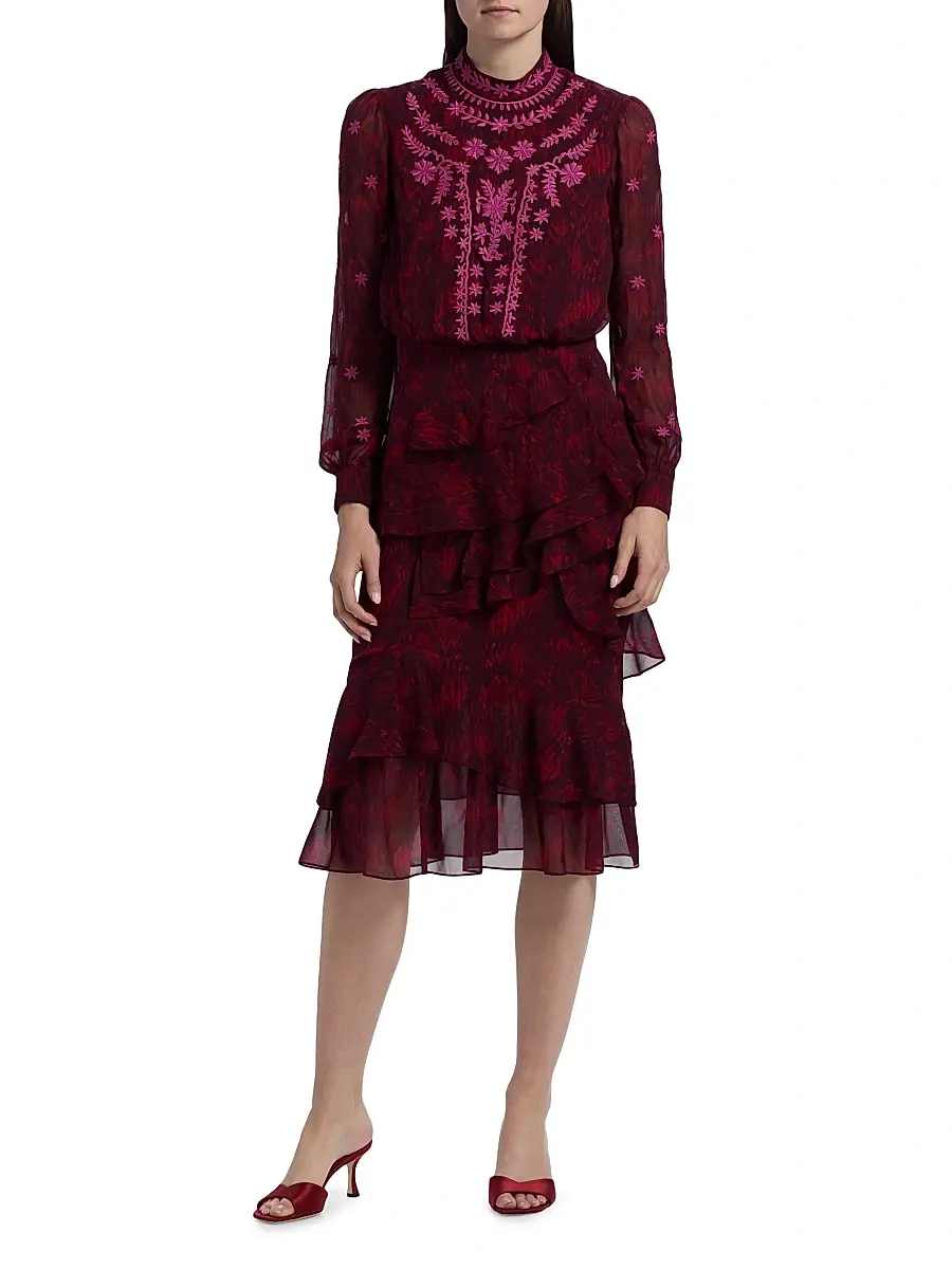 Saloni Women's Isa Ruffle Embroidered Midi-Dress | Thumbnail 3 Saloni Women's Isa Ruffle Embroidered Midi-Dress | Thumbnail 3