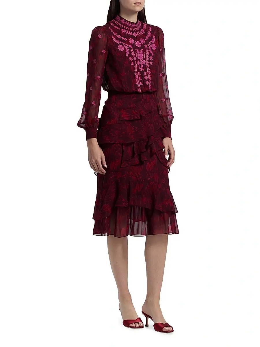 Saloni Women's Isa Ruffle Embroidered Midi-Dress | Thumbnail 4 Saloni Women's Isa Ruffle Embroidered Midi-Dress | Thumbnail 4