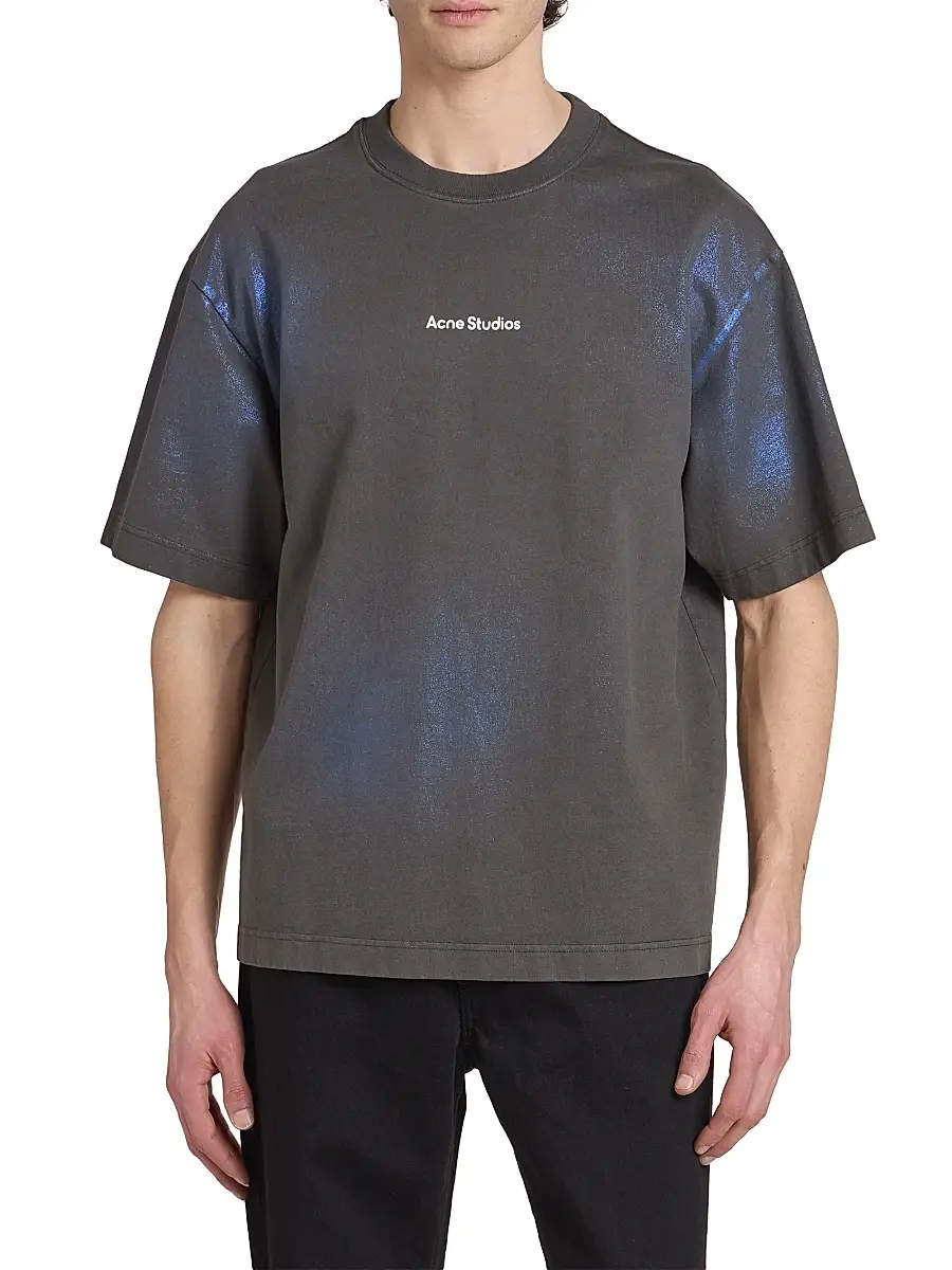 Acne Studios Men's Exford Foil Stamp Cotton T-Shirt - Blue Khaki | Thumbnail 3