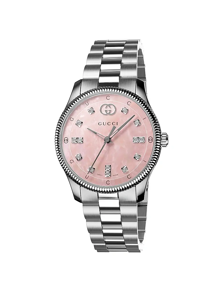 Gucci Women's G-Timeless Stainless Steel, Pink Mother-Of-Pearl & 0.12 TCW Diamond Bracelet Watch/29MM