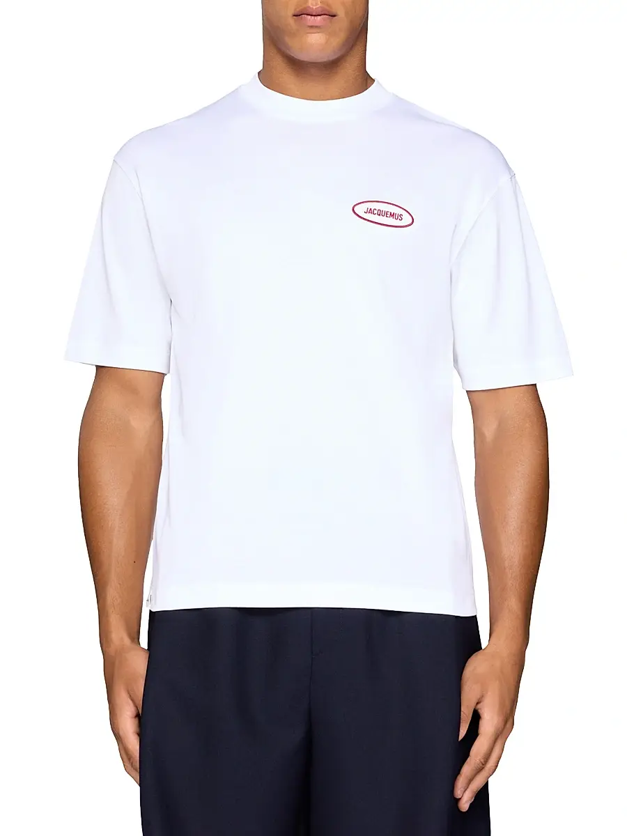 Jacquemus Men's Cotton Crewneck T-Shirt - Station Patch White | Image 1 Jacquemus Men's Cotton Crewneck T-Shirt - Station Patch White | Image 1