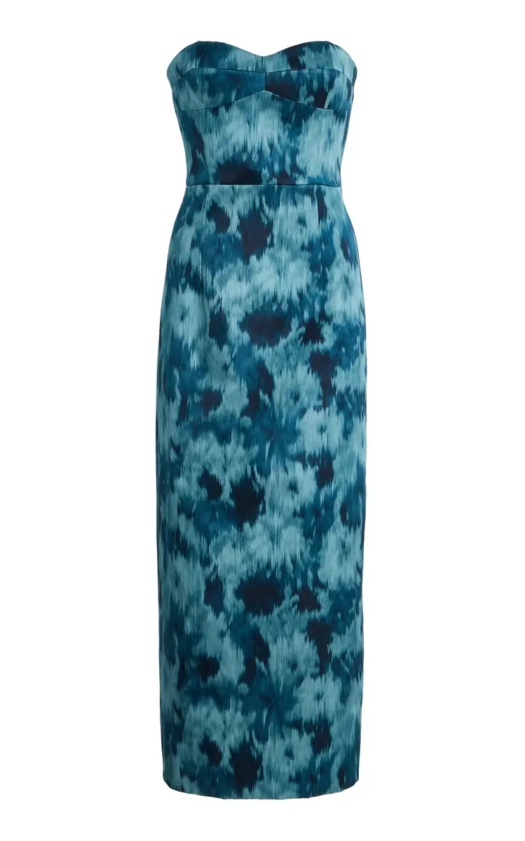 Strapless Bustier Floral Satin Midi Dress