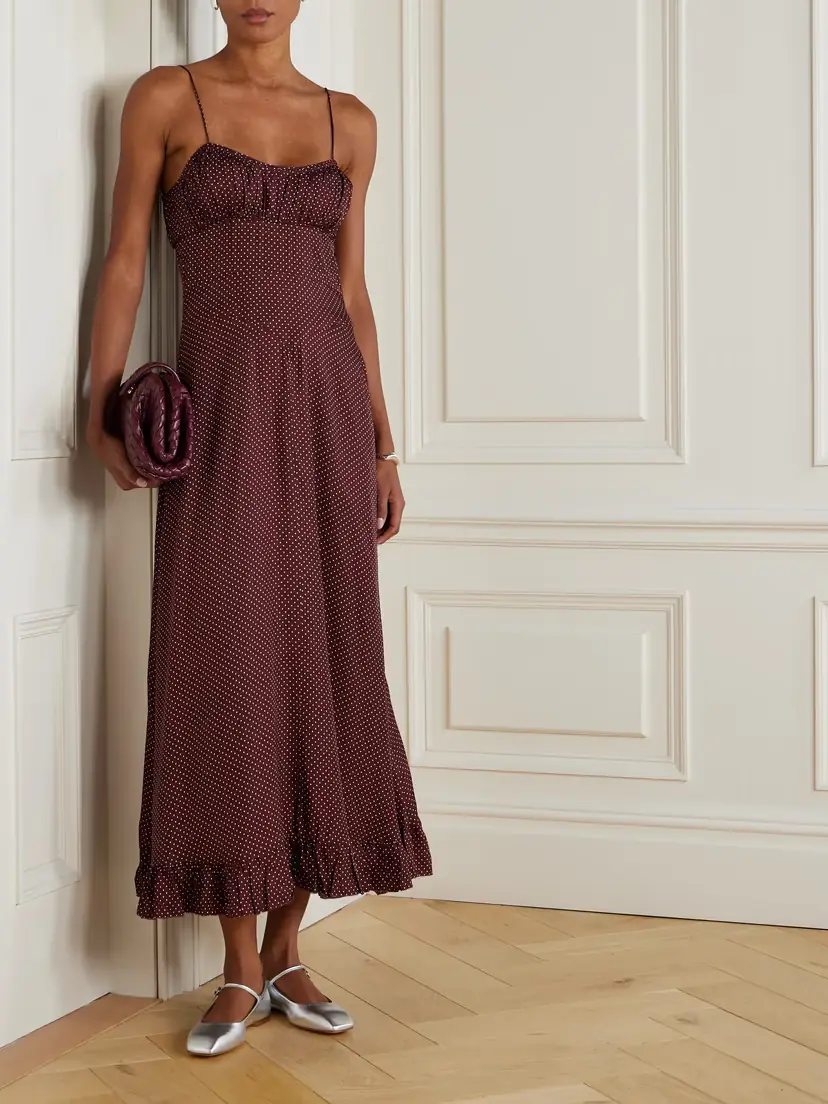 DÔEN Rosaria Gathered Polka-dot Silk-blend Midi Dress | Thumbnail 2 DÔEN Rosaria Gathered Polka-dot Silk-blend Midi Dress | Thumbnail 2