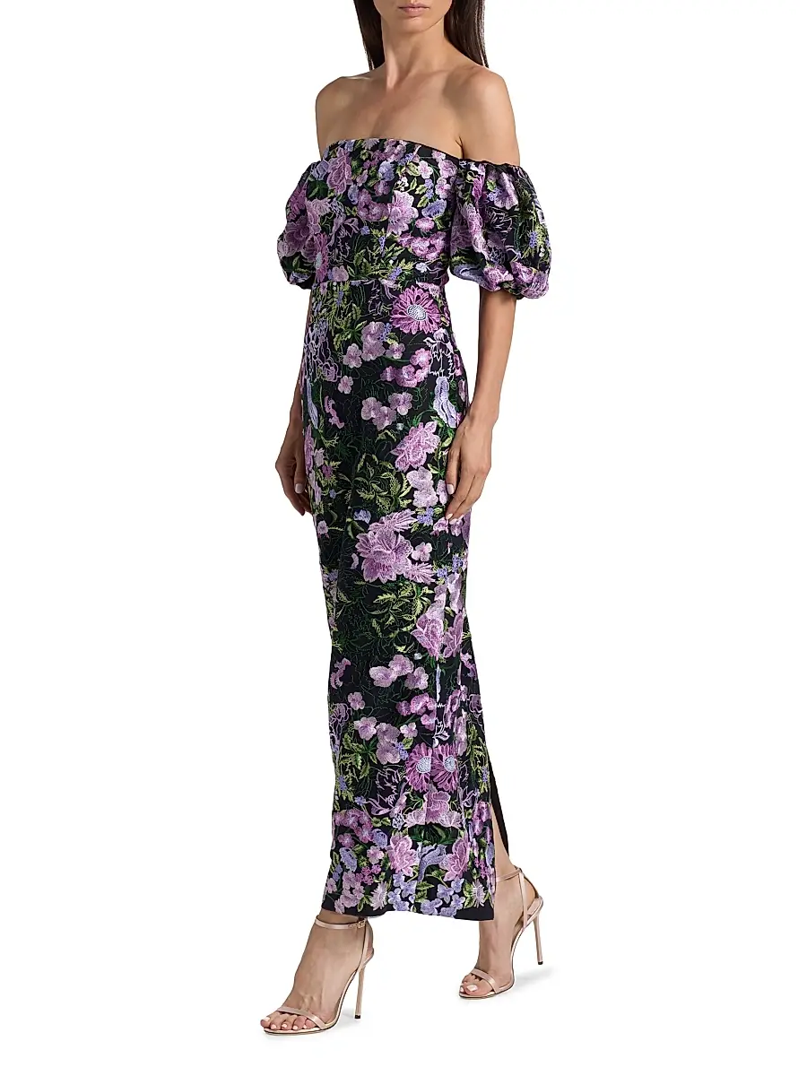 Milly Women's Nene Floral-Embroidered Mesh Off-The-Shoulder Maxi Dress | Thumbnail 2