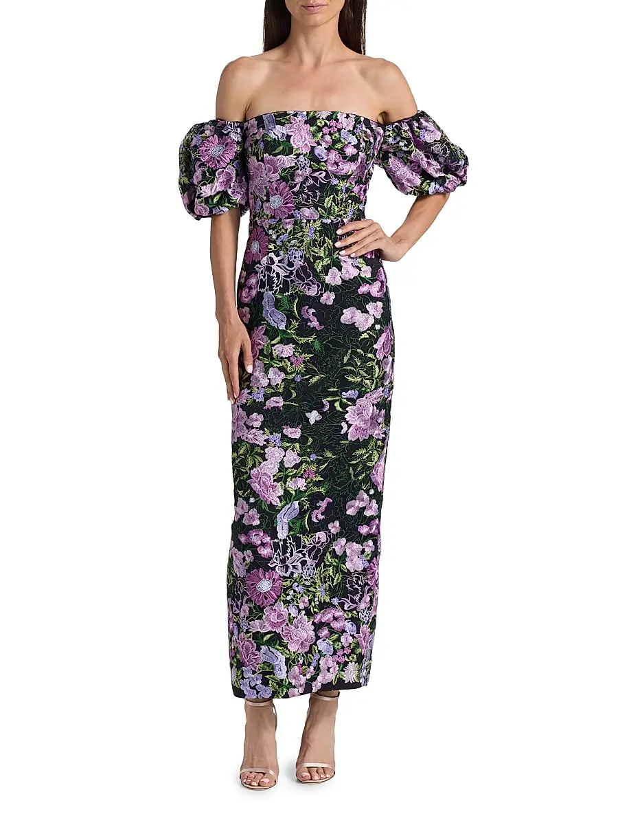 Milly Women's Nene Floral-Embroidered Mesh Off-The-Shoulder Maxi Dress | Thumbnail 3
