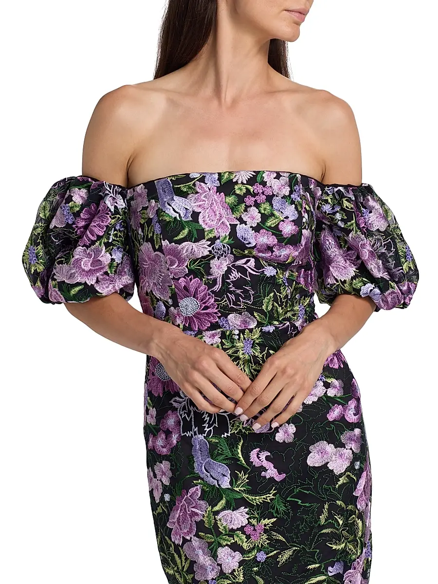 Milly Women's Nene Floral-Embroidered Mesh Off-The-Shoulder Maxi Dress | Thumbnail 6