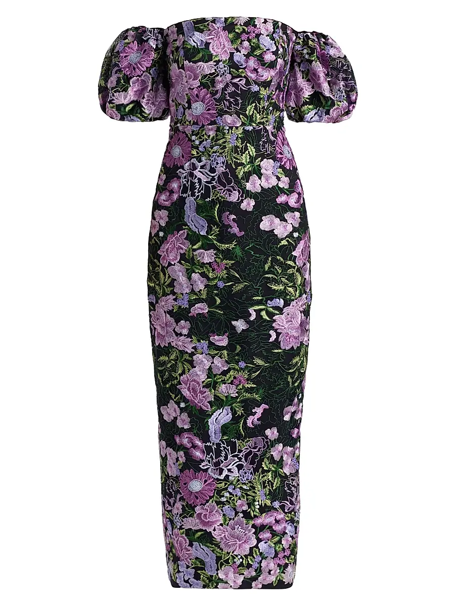 Milly Women's Nene Floral-Embroidered Mesh Off-The-Shoulder Maxi Dress