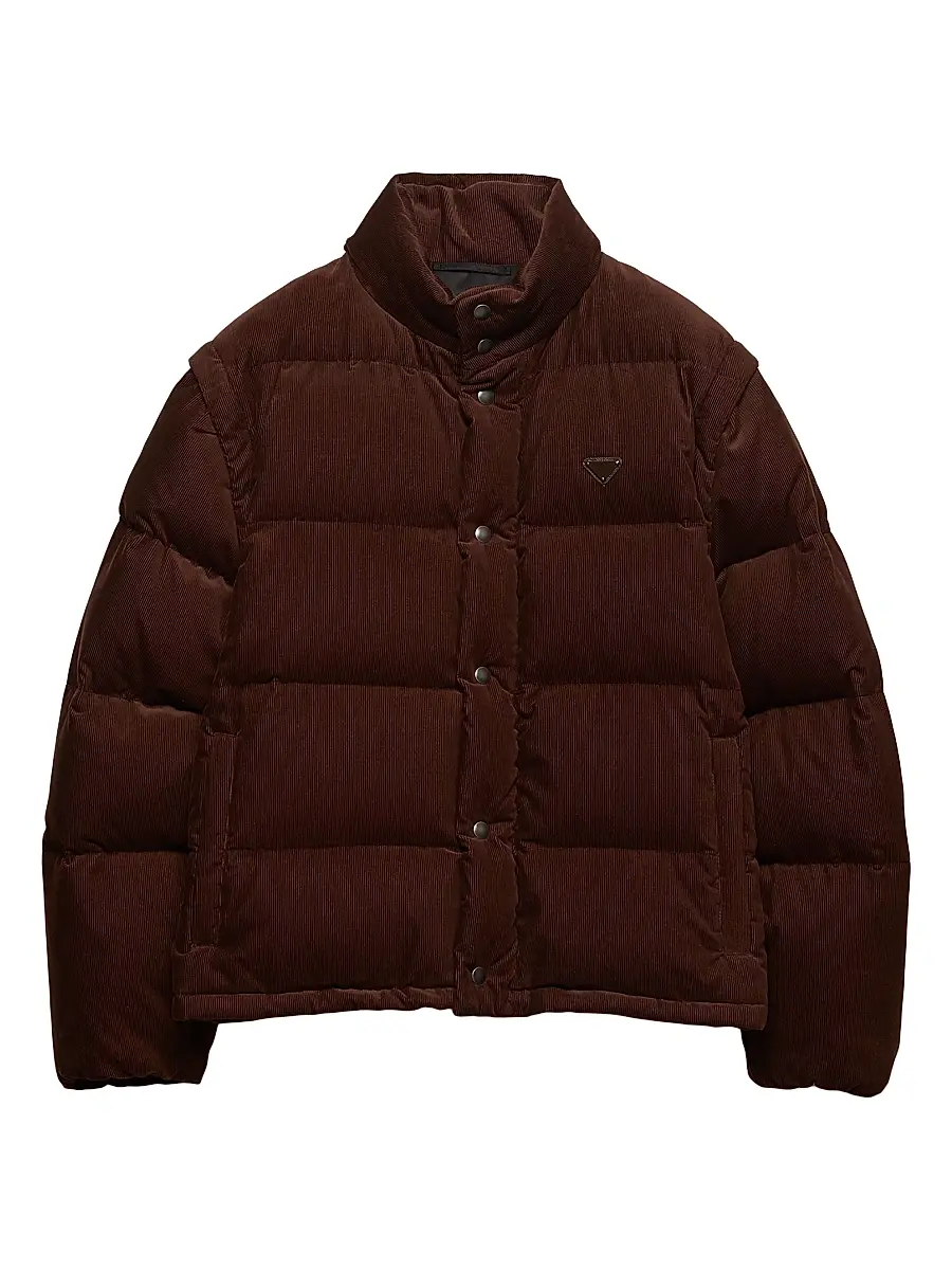 Prada Men's Medium-Weight Corduroy Down Jacket - Brown | Image 1 Prada Men's Medium-Weight Corduroy Down Jacket - Brown | Image 1