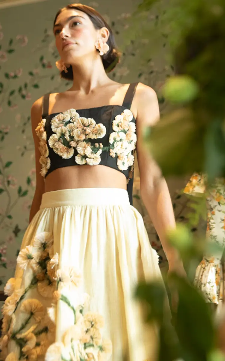 Agua by Agua Bendita Cacao Verso Floral Appliqué Linen Cropped Top | Image 1 Agua by Agua Bendita Cacao Verso Floral Appliqué Linen Cropped Top | Image 1