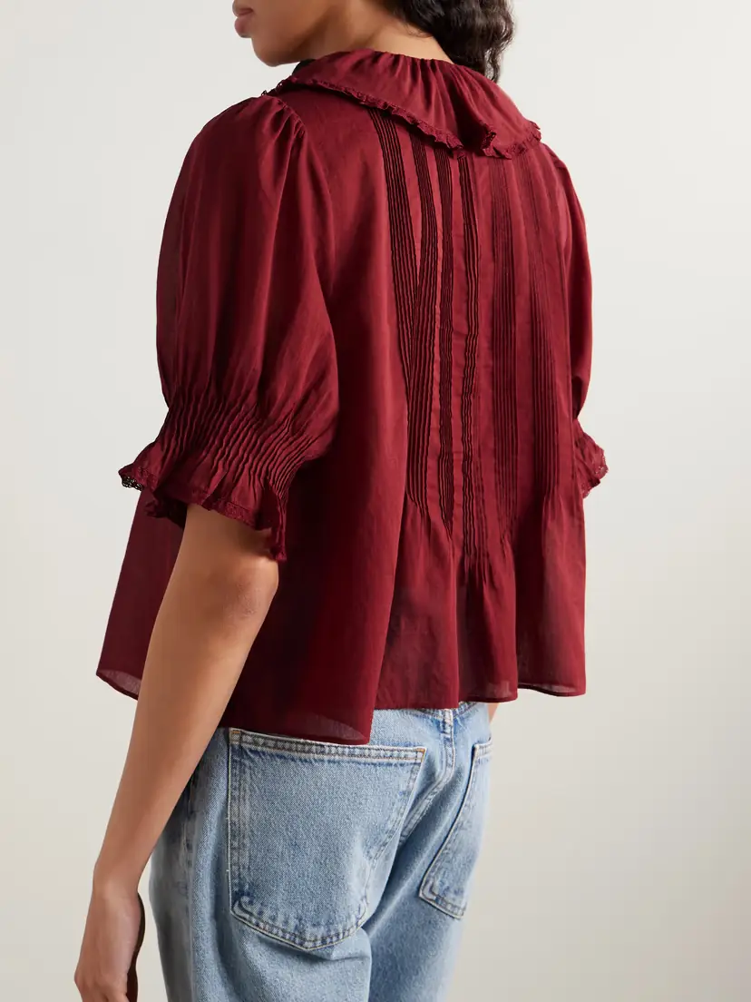 DÔEN Henri Lace-trimmed Ruffled Pintucked Organic Cotton-voile Blouse | Thumbnail 4 DÔEN Henri Lace-trimmed Ruffled Pintucked Organic Cotton-voile Blouse | Thumbnail 4