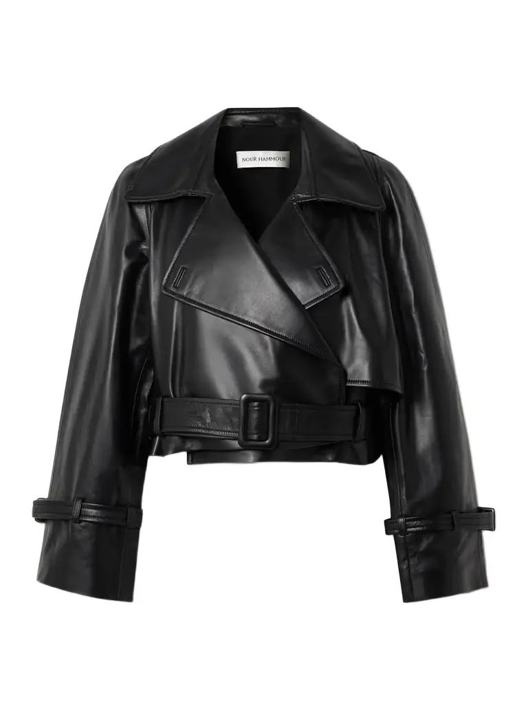 Nour Hammour Hatti Cropped Belted Leather Jacket