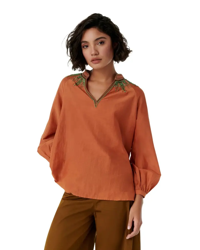 Emporio Sirenuse Ilizia Blouse with Backgammon Embroidery