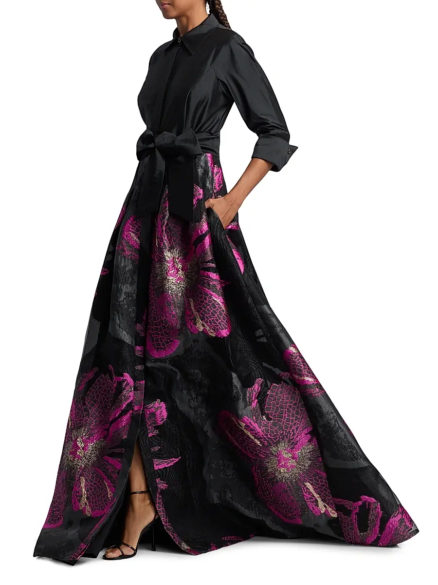 Teri Jon by Rickie Freeman Women's Metallic Floral Jacquard Gown - Black Magenta | Thumbnail 2 Teri Jon by Rickie Freeman Women's Metallic Floral Jacquard Gown - Black Magenta | Thumbnail 2